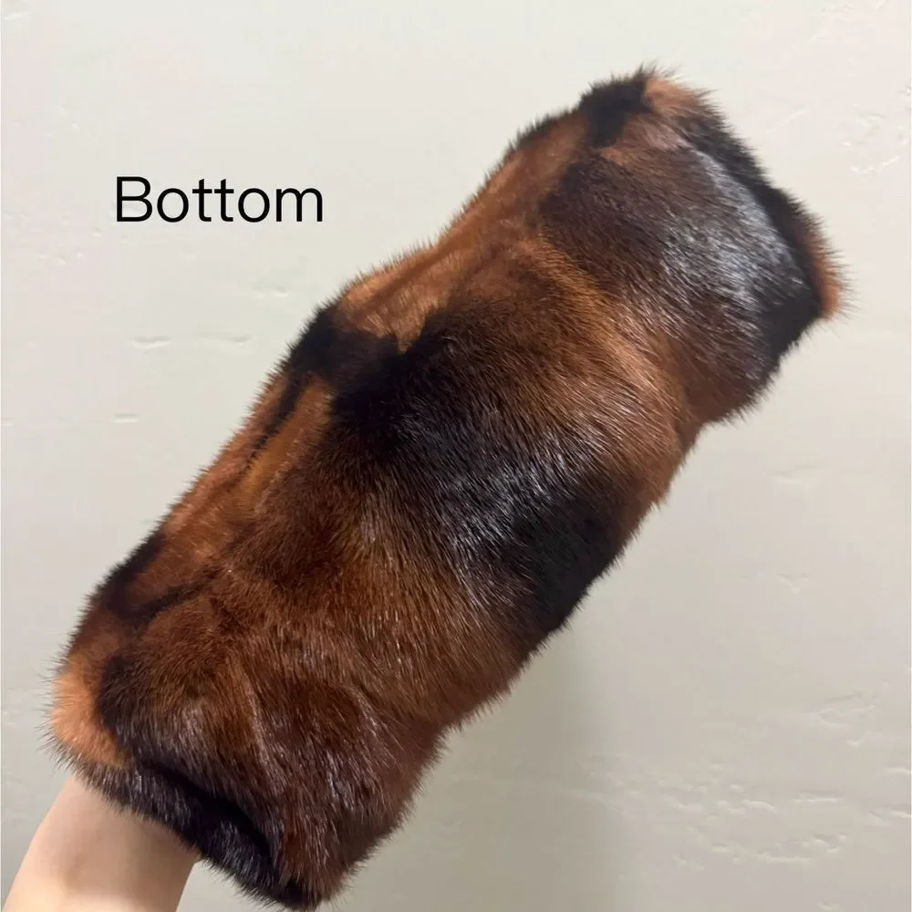 Brown Gradient Real Mink Fur Handmade Baguette Shoulder Bag, Multi Use Style